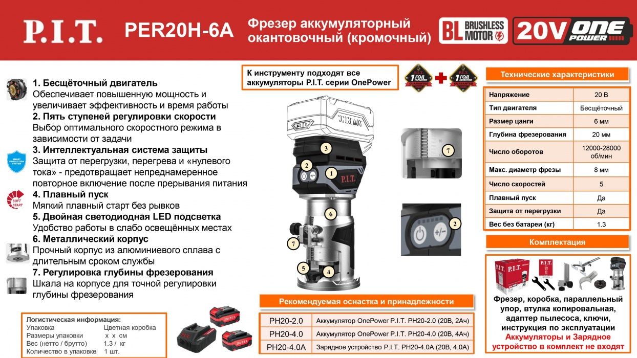 Бесщёточный аккумуляторный фрезер P.I.T. PER20H-6A (без АКБ и ЗУ)