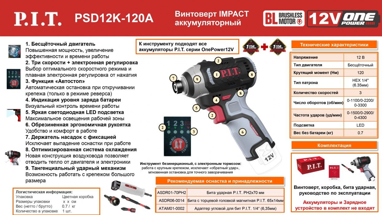 Аккумуляторный ударный винтовёрт P.I.T. PSD12K-120A (без АКБ и ЗУ)